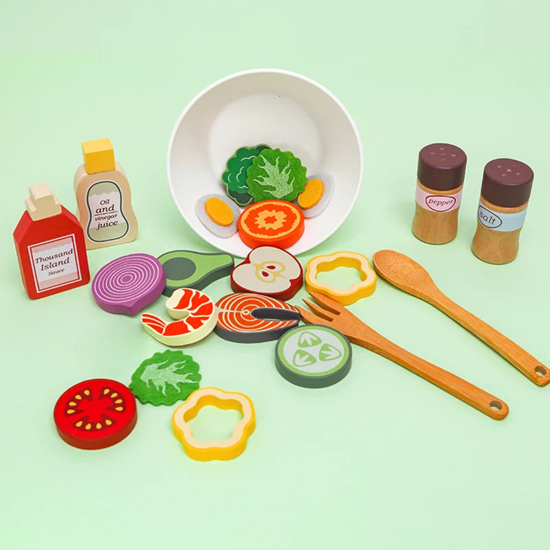 Kitchen Pretend Play Toys Wooden Simulation Food Accessories Pizza Salad Dessert Set Montessori Educational Toy for Toddler 3+