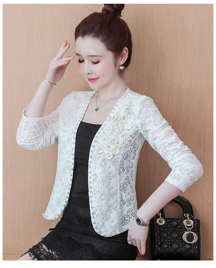 Short Lace Long Sleeve Embroidery Cardigan
