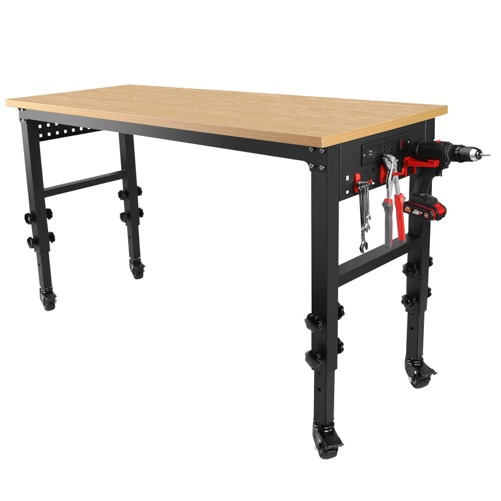 60" ×24'' Adjustable Workbench Rolling Heavy-Duty Worktable with Power Outlet and Wheels Large Load Capacity Rubber Wood Top