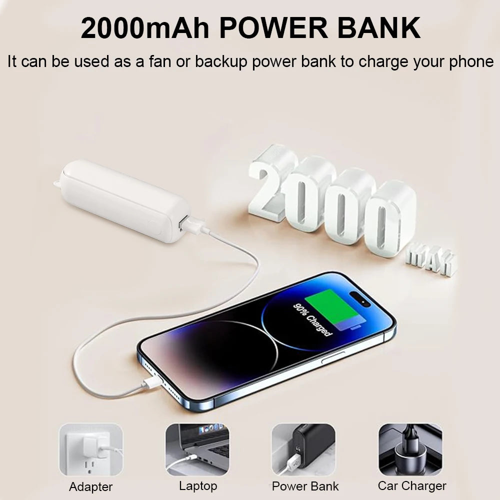 Portable Fan Mini Handheld Fan 2000mAh USB Rechargeable with Handy Power Bank Small Hand Held Foldable Pocket Fan for Travel
