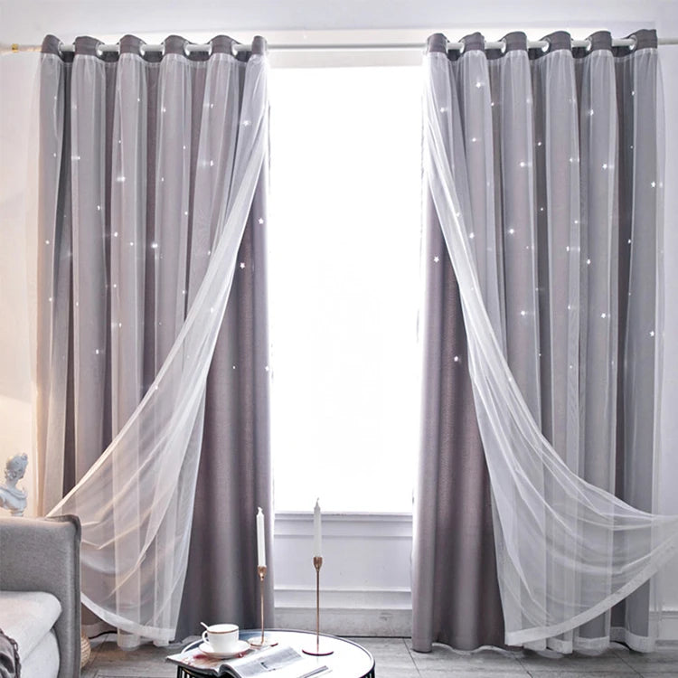 Double Layers Romantic Sheer Kids Children Girls Curtains With Hollow Out Stars For Living Room Bedroom Windows Drapes