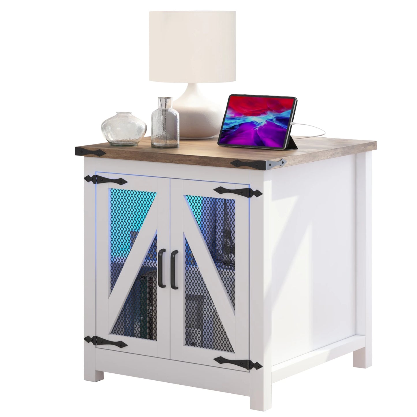 Bedside Table Farmhouse, Side Table Living Room with Charging Station & Adjustable Shelf, Smart Nightstand Organiser for Bedroom Living Room Office Use