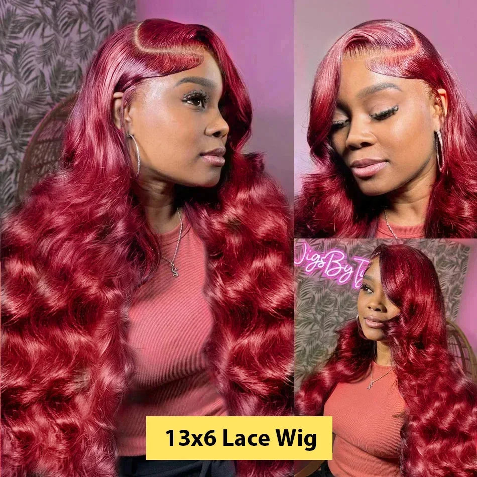 200% Density 99J Burgundy Body Wave 13x6 HD Transparent Lace wigs Frontal Wigs Brazilian Virgin Hair Pre plucked Wigs For Women