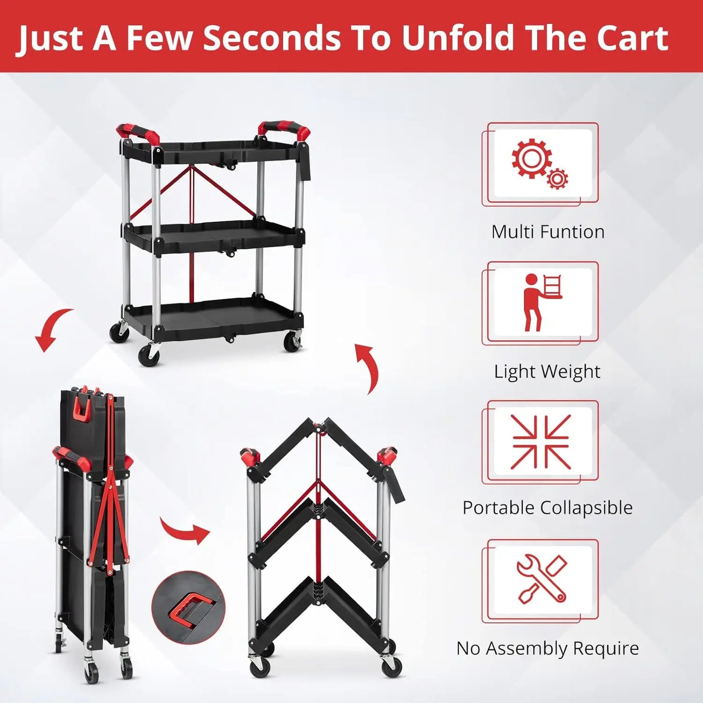 Portable Folding Service Cart, 3 Tier Folding Utility Cart , Collapsible Utility Carts for Office, Warehouse, and Home Kitchen