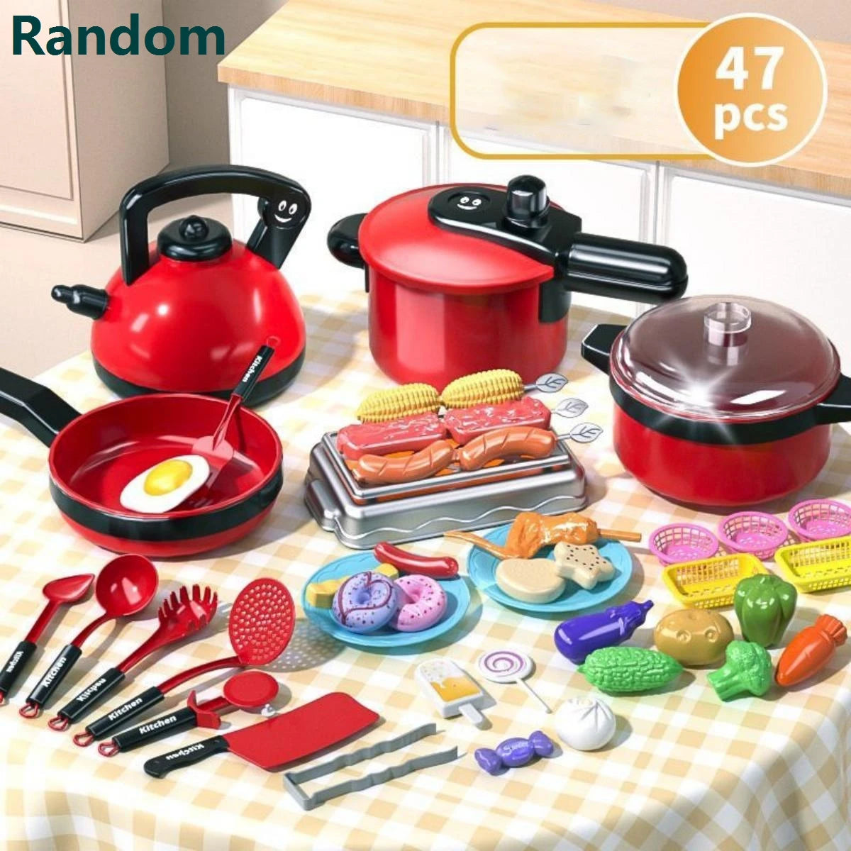 Children's simulation high-detail red cooking kitchen utensils, home school use chef pretend play set suitable for 3 4 5 6 years