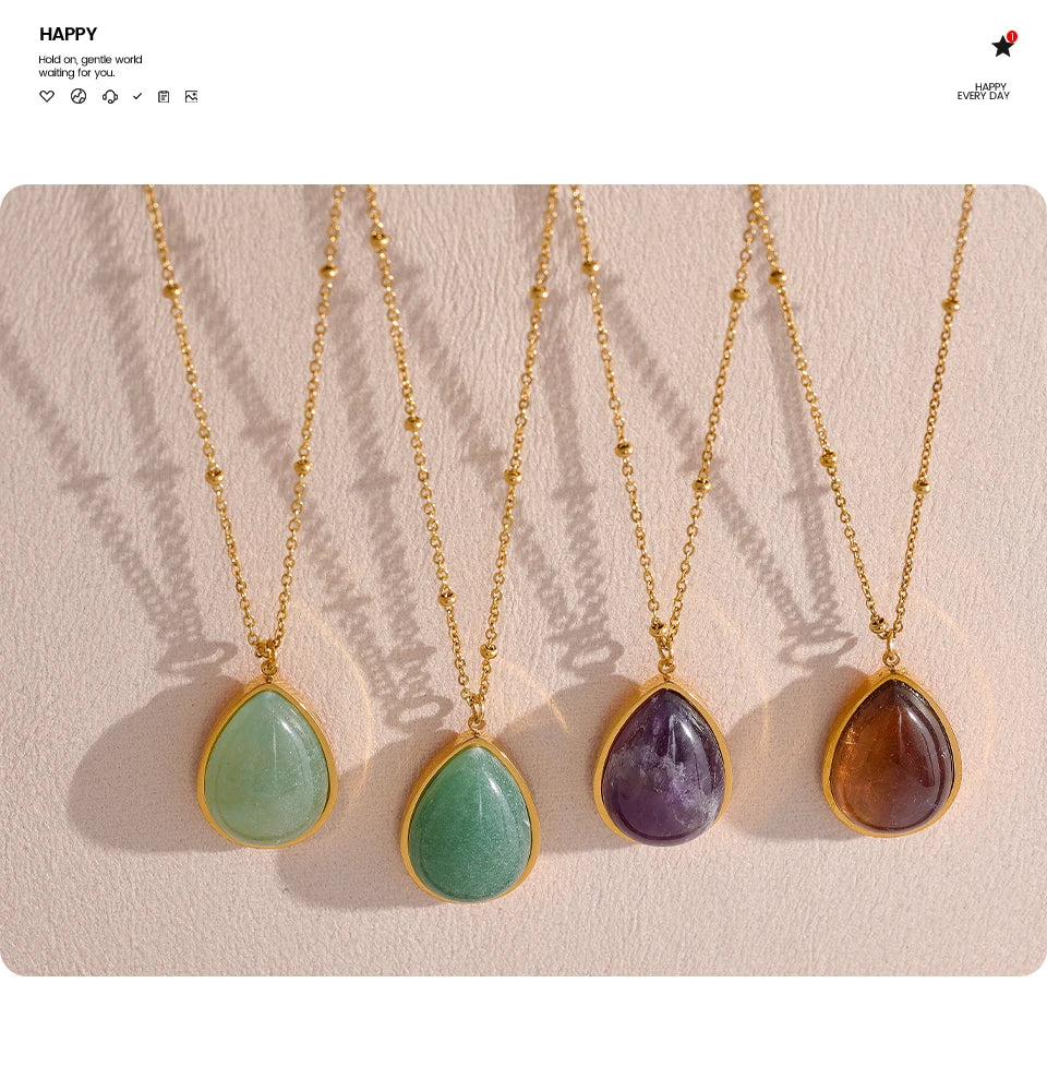 Yhpup Water Drop Amethyst Green Aventurine Natural Stone Necklace Stainless Steel Fashion Charm Pendant Jewelry Tarnish Free