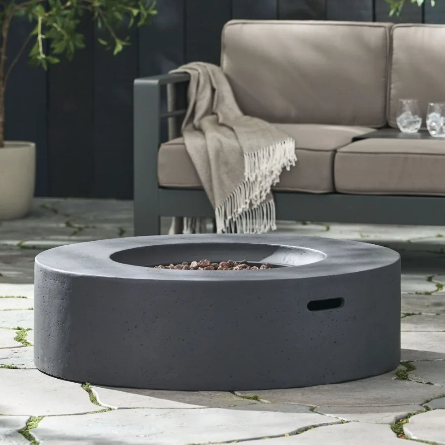 Lightweight Concrete Outdoor Circular Fire Pit Dark Gray 50 000 BTU Tank Cover not Included