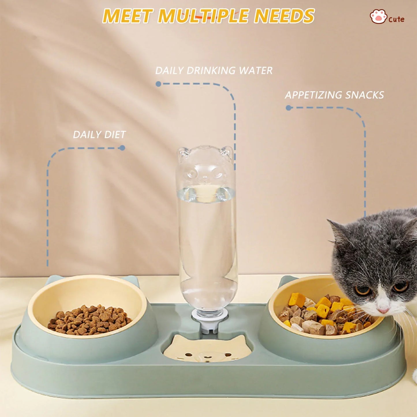 Automatic Double Bowl Feeder With Water Fountain Drinking Raised Stand