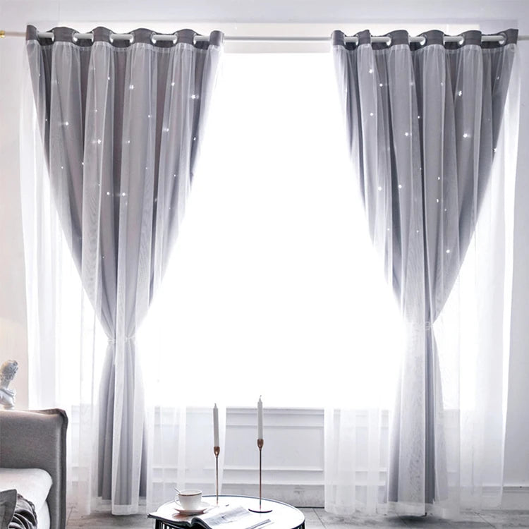 Double Layers Romantic Sheer Kids Children Girls Curtains With Hollow Out Stars For Living Room Bedroom Windows Drapes