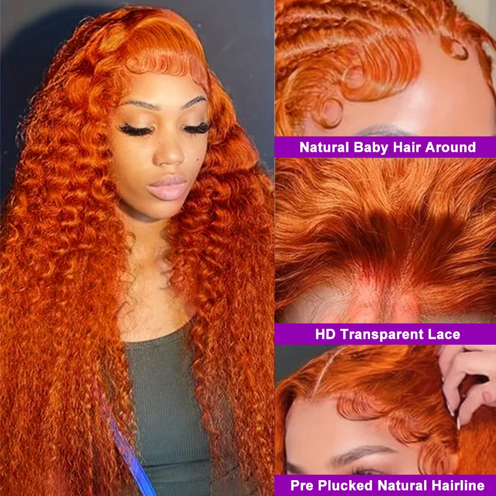Colored #350 30 32 Inches Ginger Orange Deep Wave 13x6 13x4 Hd Lace Frontal Wig Human Hair Curly 13x4 Lace Front Wigs For Women