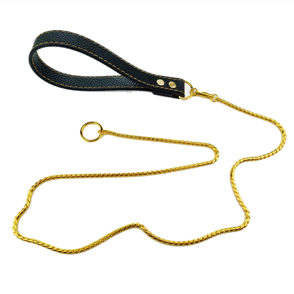 Integrated Dog Slip Chain Collar Leash 3Integrated Dog Slip Chain Collar & Leash – 304 Stainless Steel Choke Collar with Leather Handle for Training and Show04 Stainless Steel Dog Metal Choke Collar Pet Training Leash Show with Leather Handle