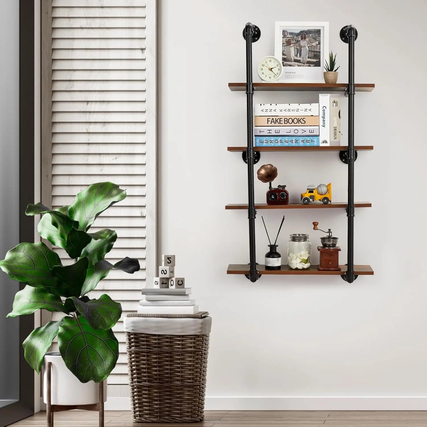 4 Tier Industrial Pipe Shelving Wall Mounted, 30in Rustic Metal Floating Shelves, Steampunk Real Wood Book Shelves, Wine Shelf