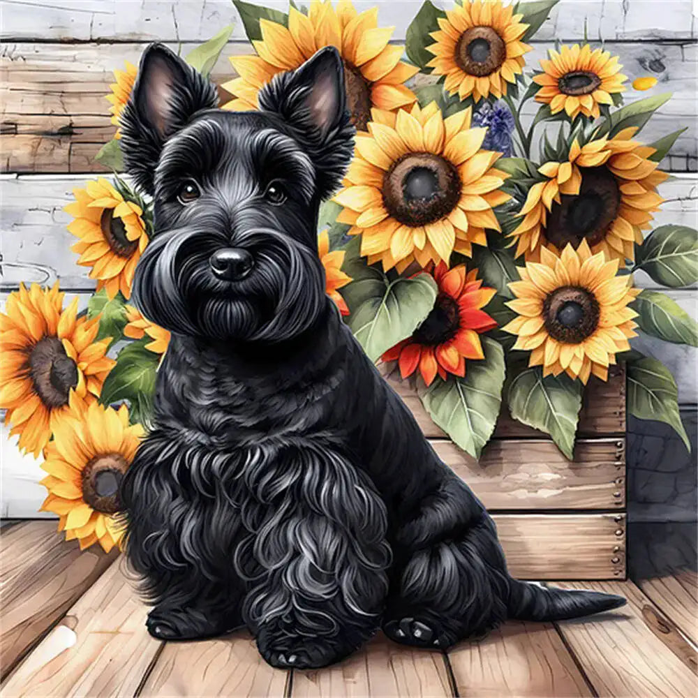 Huacan Diamond Mosaic Dog Animal Sunflower Flower Full Round Square Diamond Painting New Picture For Living Room Home Decoratio