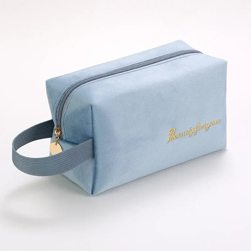 Plush Cosmetic Bag for Women – Large Zipper Makeup & Toiletry Travel Pouch, Solid Color Beauty Bag