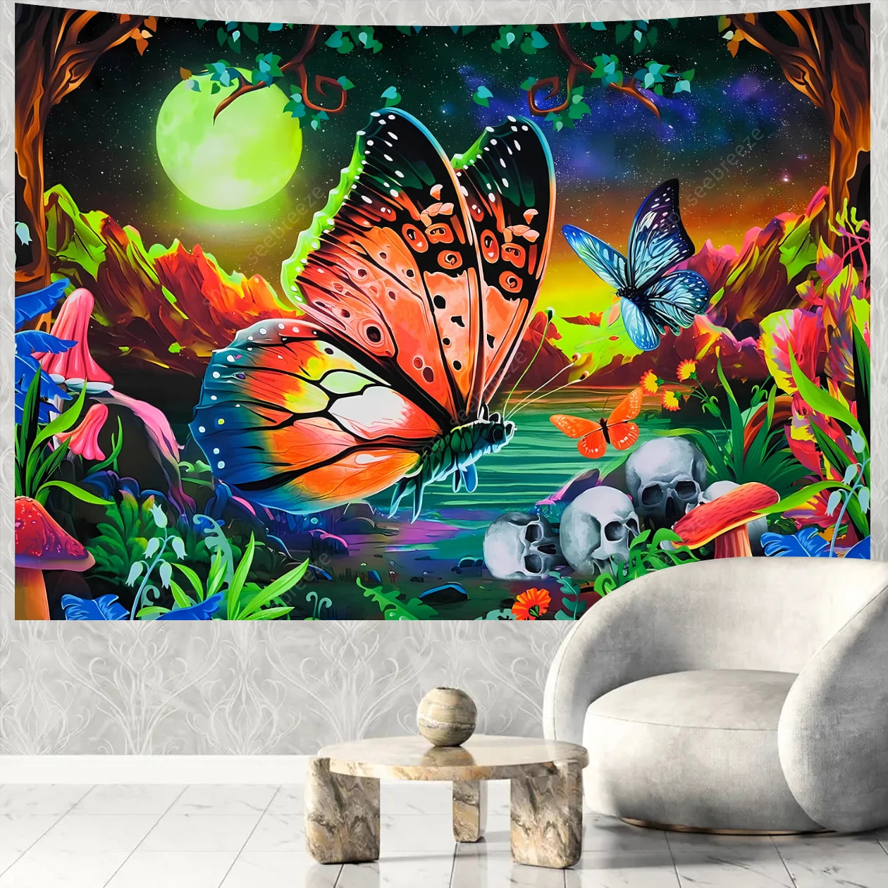 Butterfly Flower UV Reactive Tapestry Wall Hanging Hippie Boho Room Decor