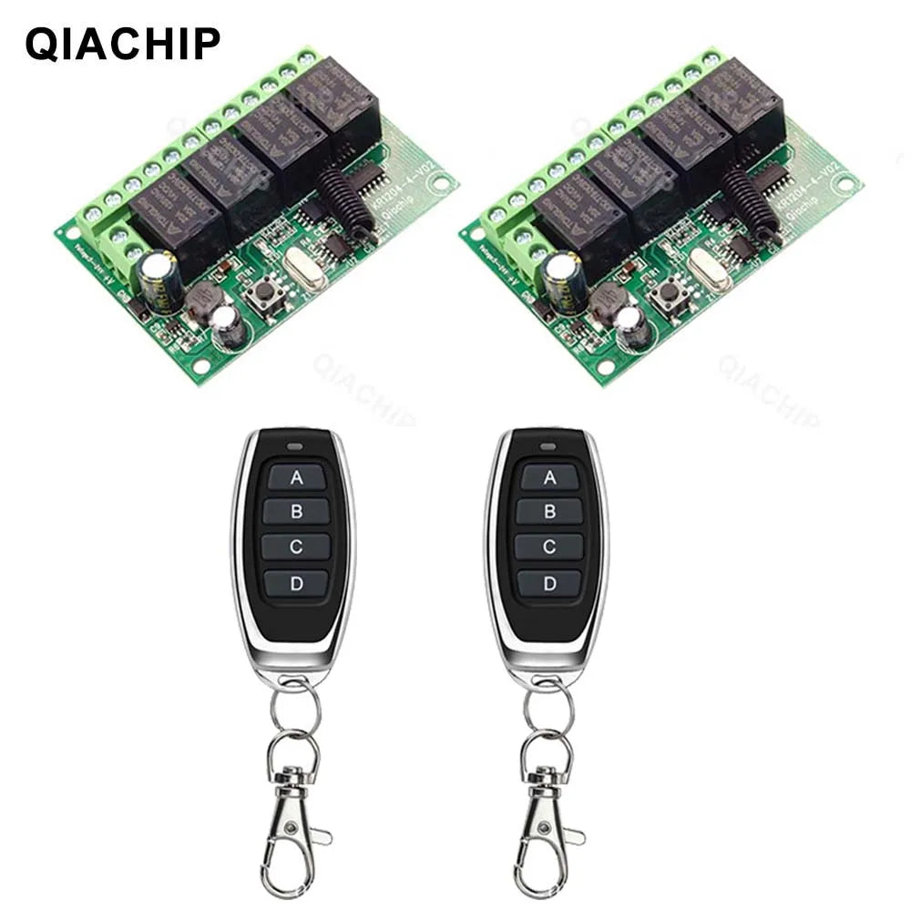 QIACHIP 4CH 433.92MHz Relay Module – DC 5V/12V/24V/48V 10A Wireless Remote Control Switch for EV1527, DC Motor DIY