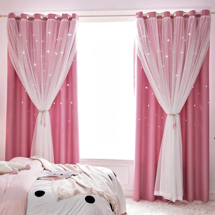 Double Layers Romantic Sheer Kids Children Girls Curtains With Hollow Out Stars For Living Room Bedroom Windows Drapes