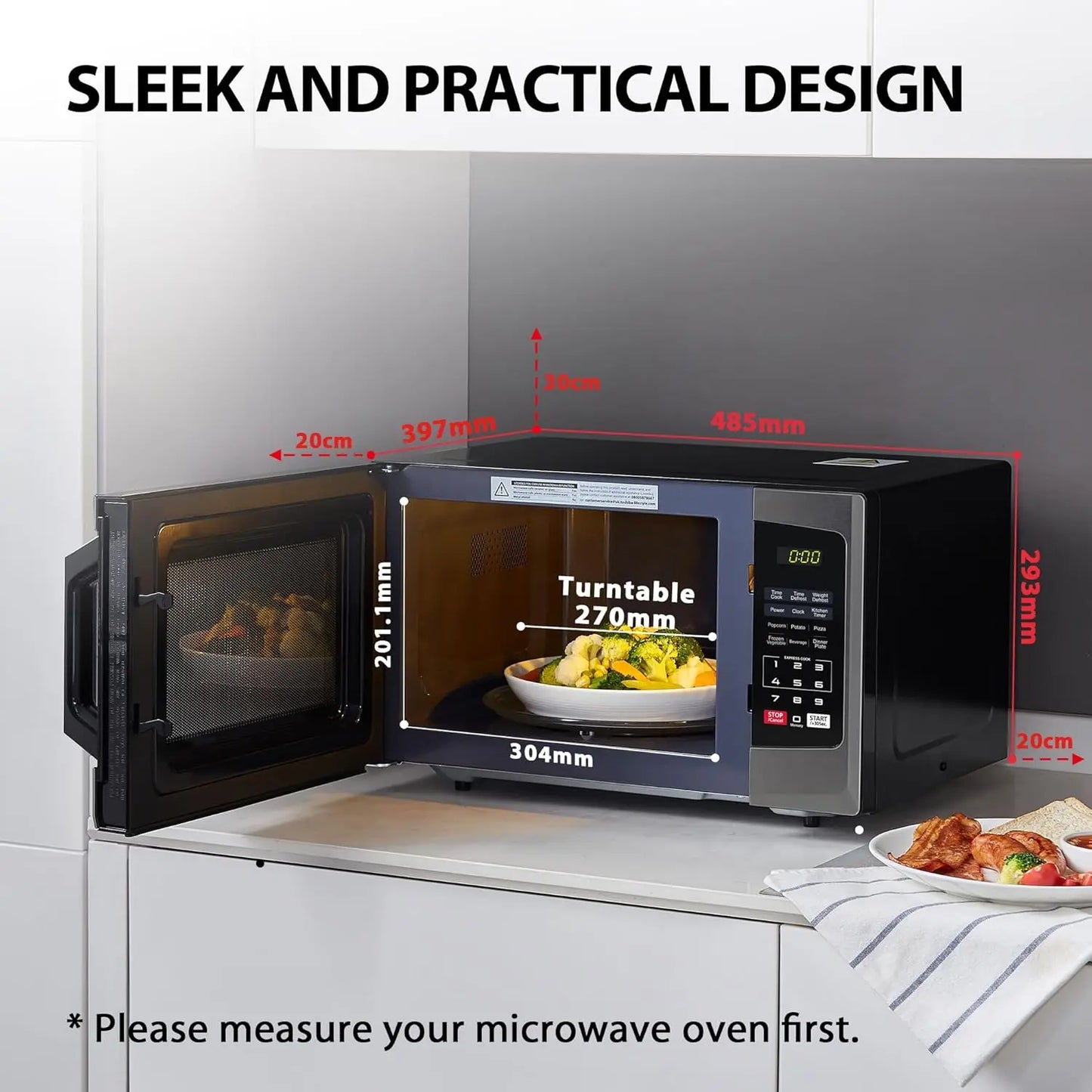 800w 23L Microwave Oven with Digital Display, Auto Defrost, One-touch ExprCook with 6 Pre-Programmed