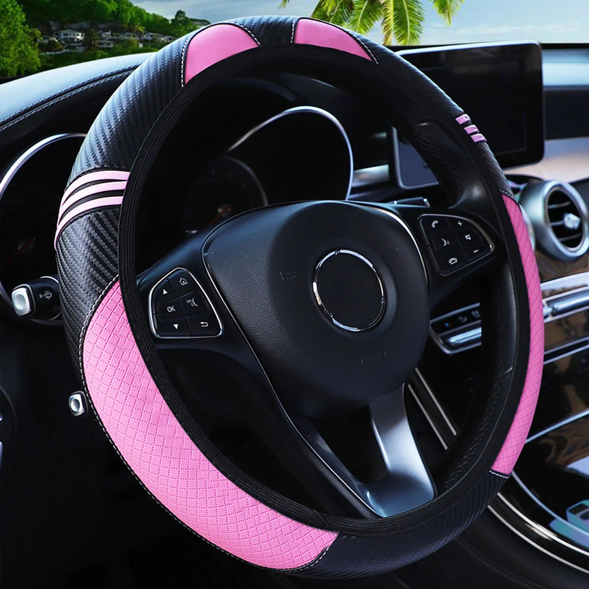 1 little monster PU embossed leather automotive supplies without inner ring steering wheel cover fits 14.5-15 inches