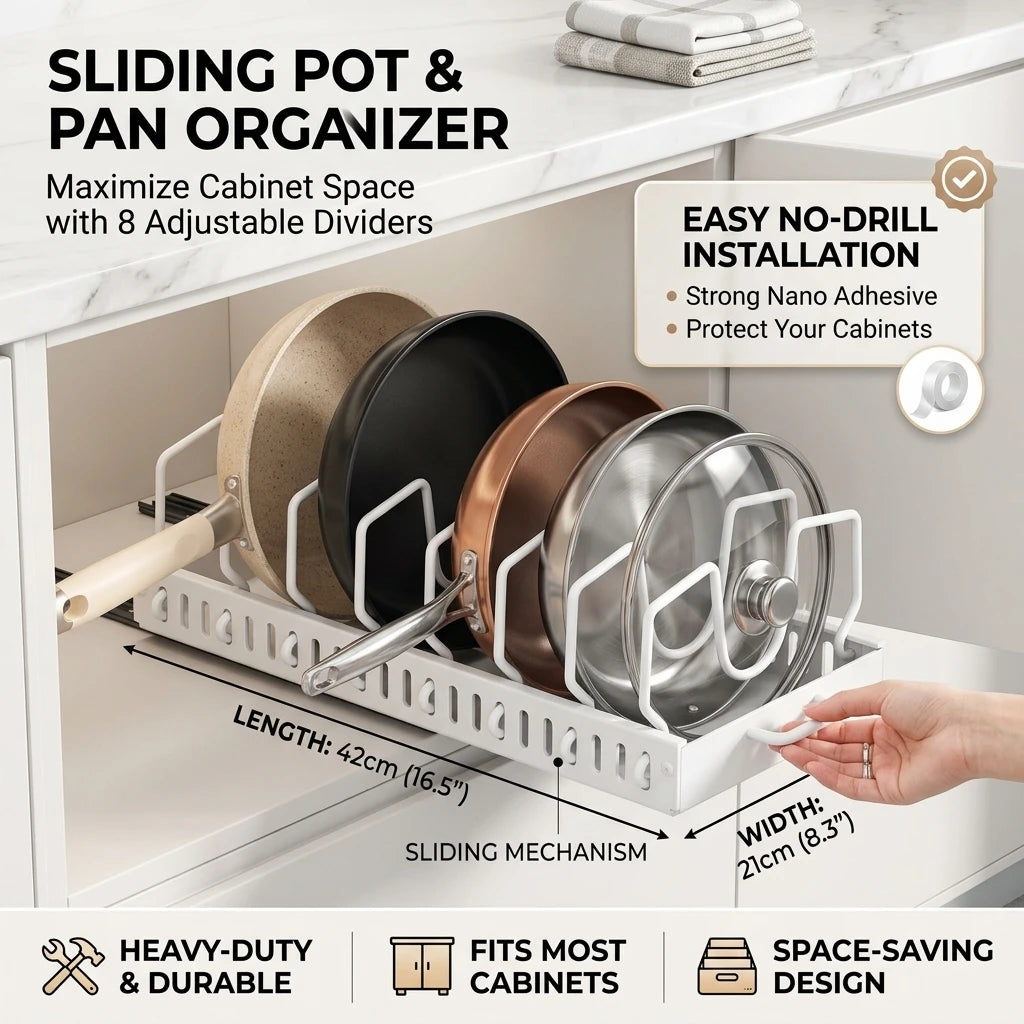 Under Cabinet Sliding Pots Pans Organiser Pull Out Kitchen Storage Tray With 8 Adjustable Dividers Cookware Lid Holder Rack
