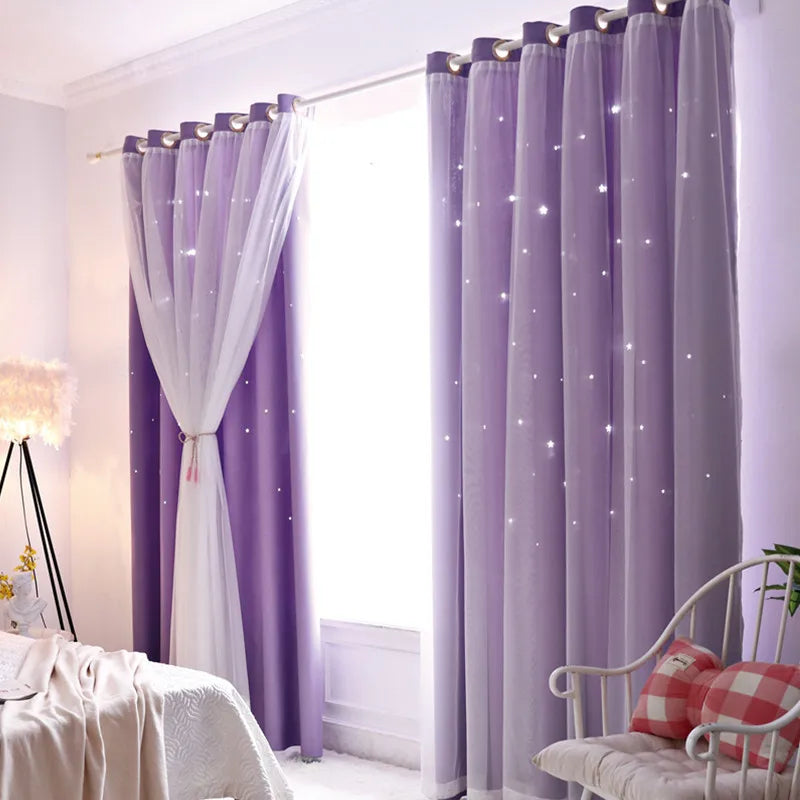 Double Layers Romantic Sheer Kids Children Girls Curtains With Hollow Out Stars For Living Room Bedroom Windows Drapes