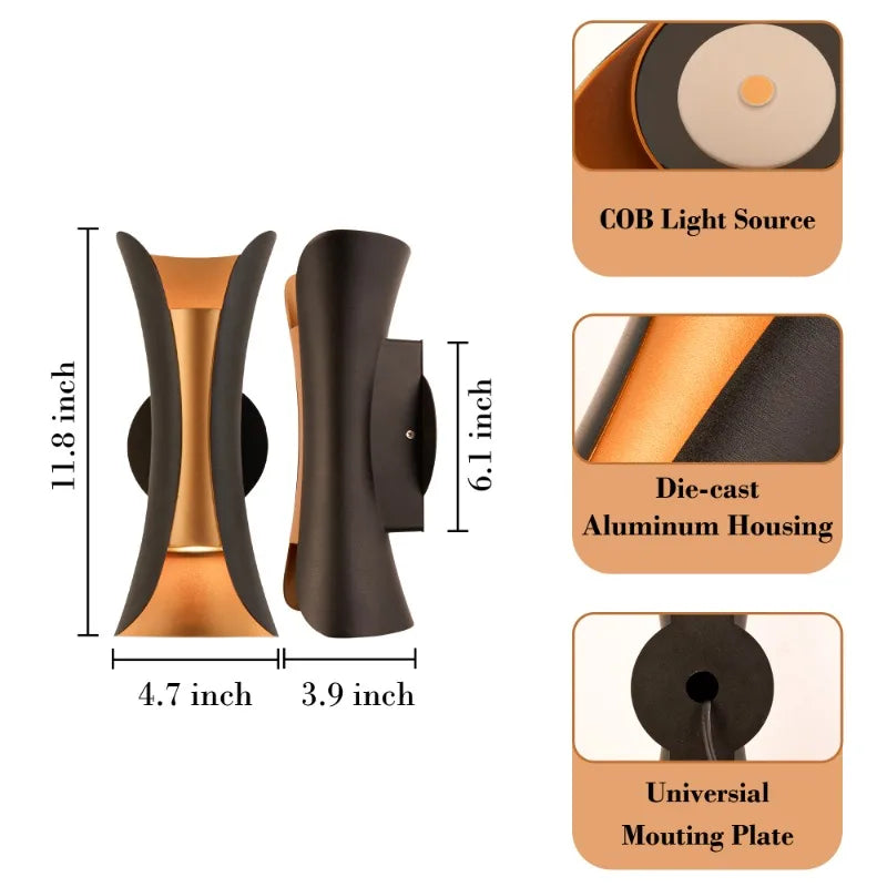 Black Golden Outdoor Wall Scone Curved Wall Lamp Modern LED Outdoor Waterproof Wall Lamp 20W 3000K,Outdoor Porch
