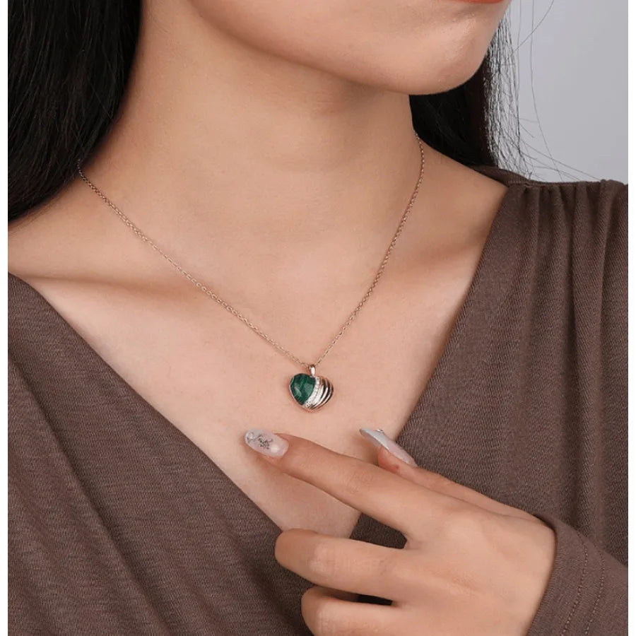 S925 Sterling Silver Malachite Love Necklace Female European And American Light Luxury Heart Pendant