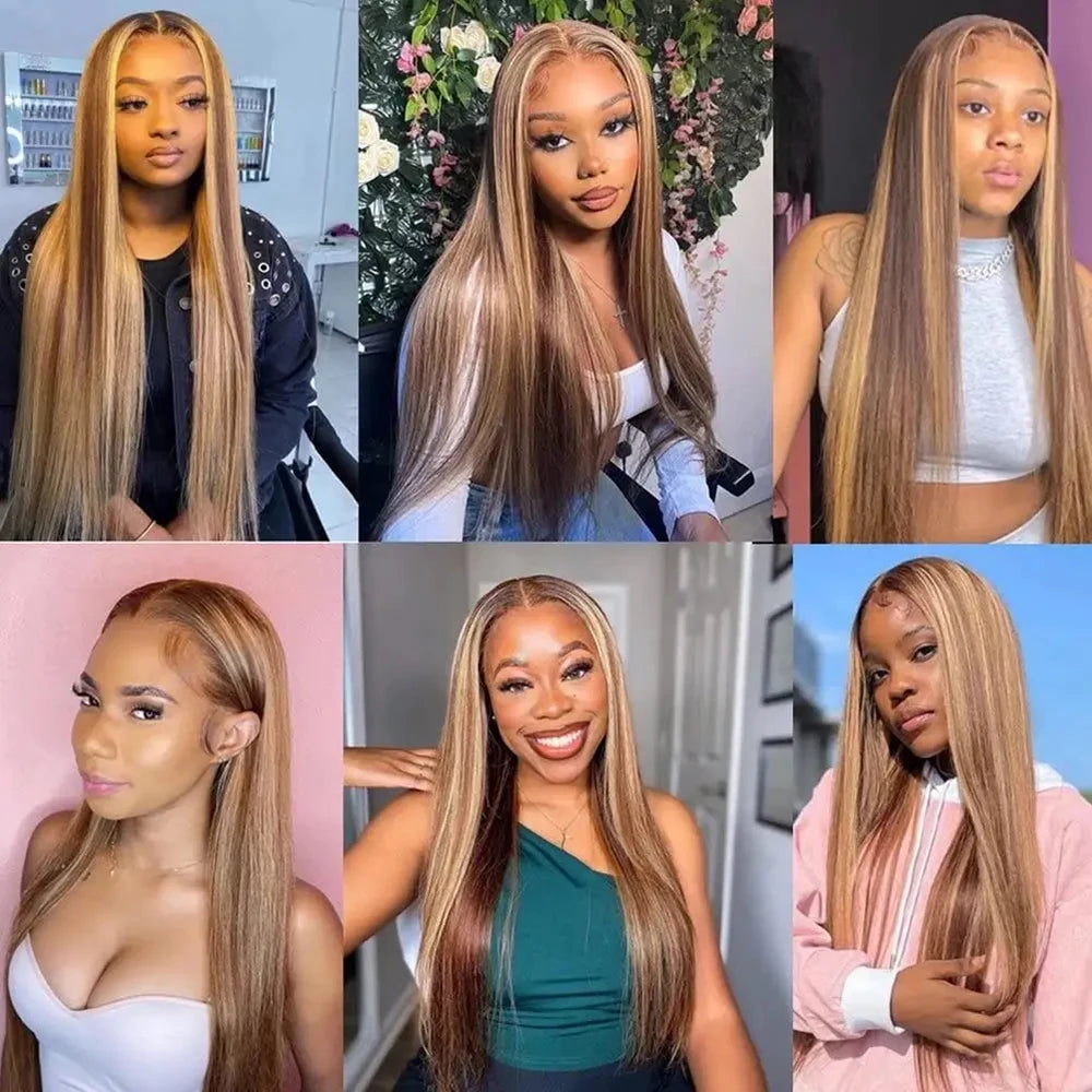 Highlight Ombre 13x6 Lace Front Wigs Human Hair Pre Plucked 200Density Straight HD Lace Frontal Wigs for Women 4/27 Honey Blonde