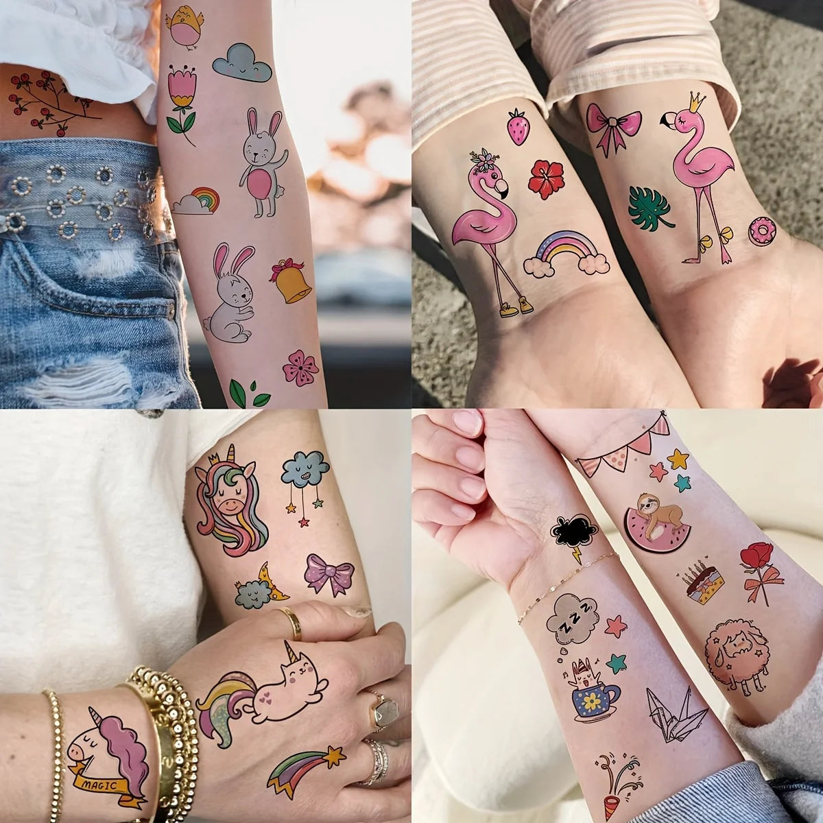 60 Sheets 1000+ Patterns Cute Cartoon Temporary Tattoos Animals Zoo Mermaid Dinosaur Unicorn Cat Dog Pets