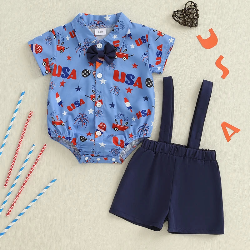 Toddler Boys Independence Day Outfits Short Sleeve Bowtie Romper Suspender Shorts Set Infant Clothing for 4th of July