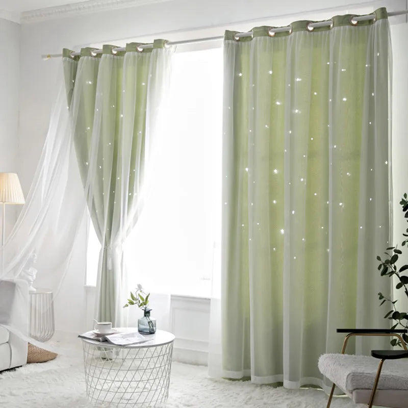Double Layers Romantic Sheer Kids Children Girls Curtains With Hollow Out Stars For Living Room Bedroom Windows Drapes