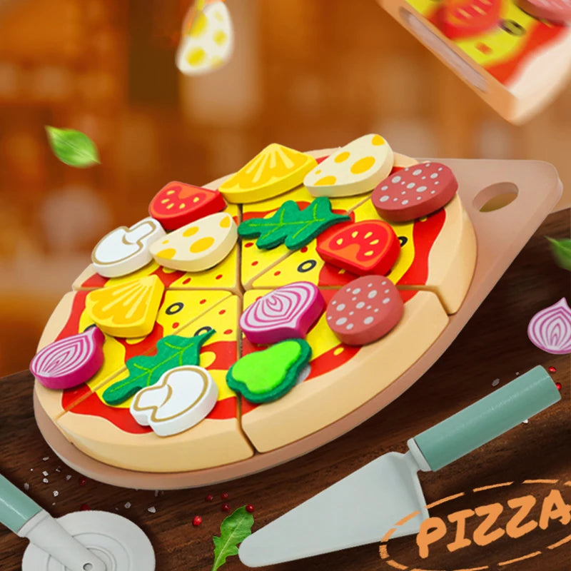 Kitchen Pretend Play Toys Wooden Simulation Food Accessories Pizza Salad Dessert Set Montessori Educational Toy for Toddler 3+
