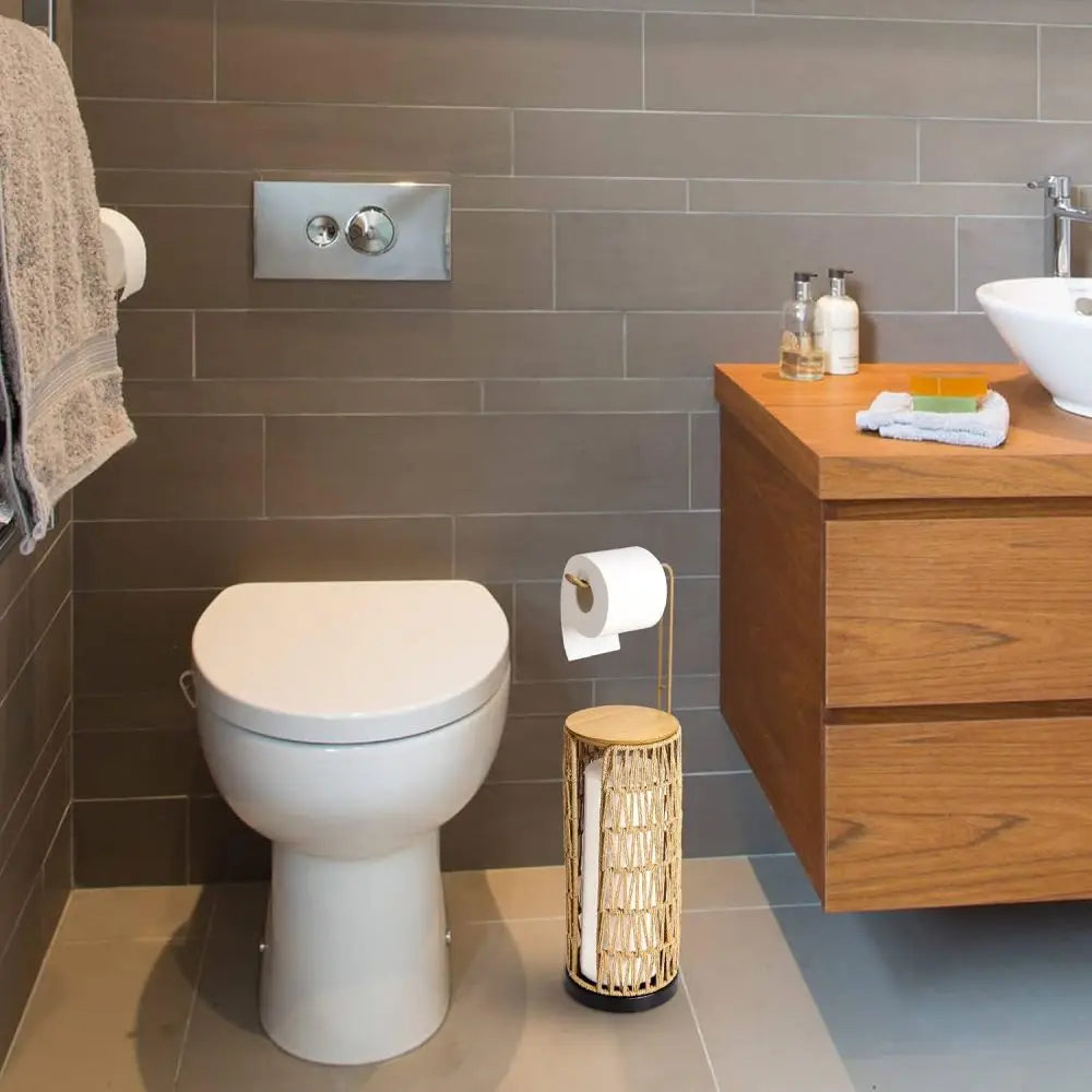 Freestanding Toilet Paper Holder with Storage,3 Rolls of Tissue Holder for Bathroom,Handmade WovenToilet Roll Holder Stand