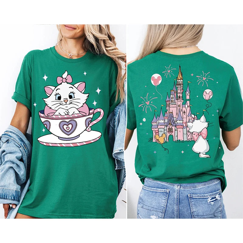 2025 Summer New The Aristocats Cartoon Anime Printed T-shirt Women's Fashion Casual T-shirt Mary Cat Crazy Teacup Party Shirt