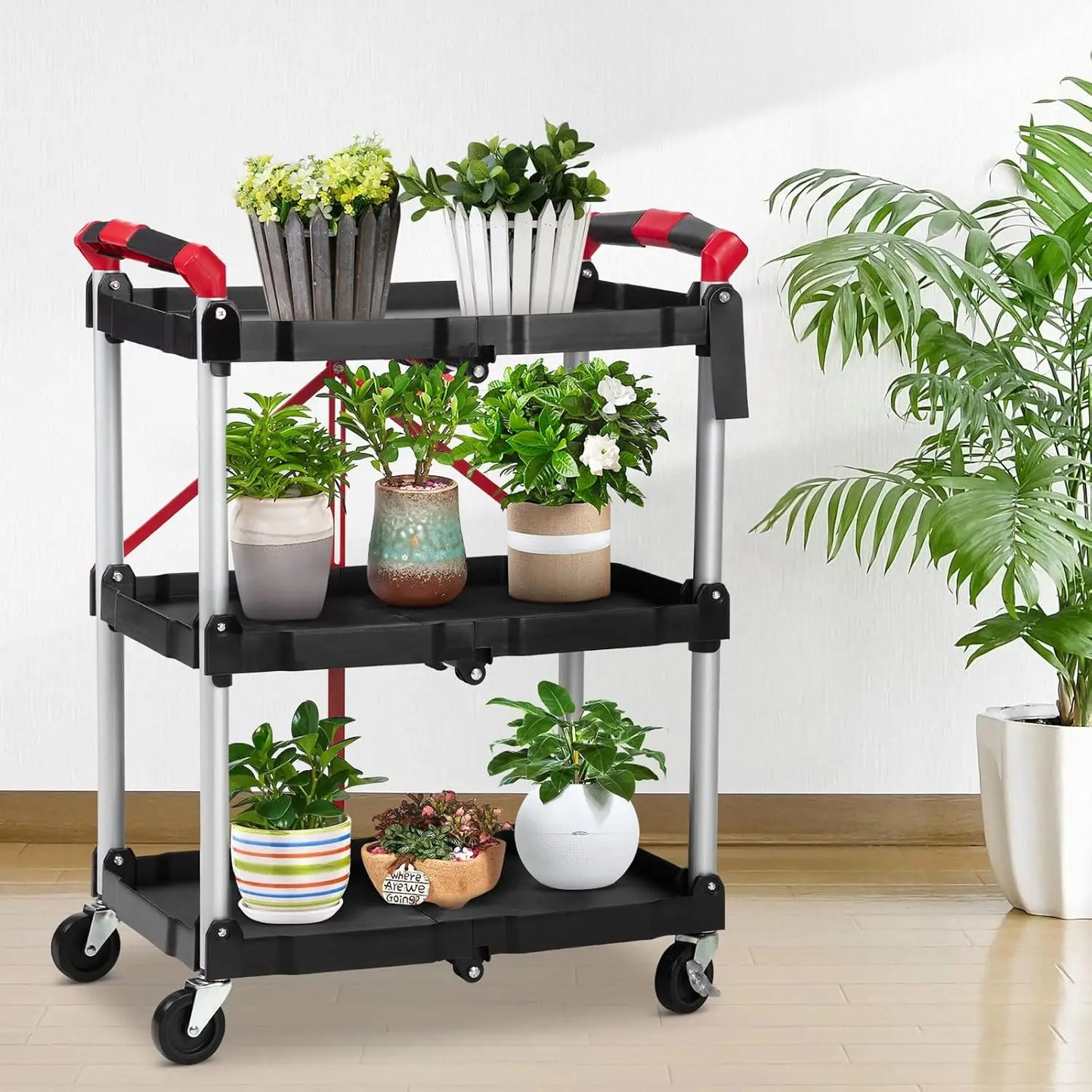 Portable Folding Service Cart, 3 Tier Folding Utility Cart , Collapsible Utility Carts for Office, Warehouse, and Home Kitchen
