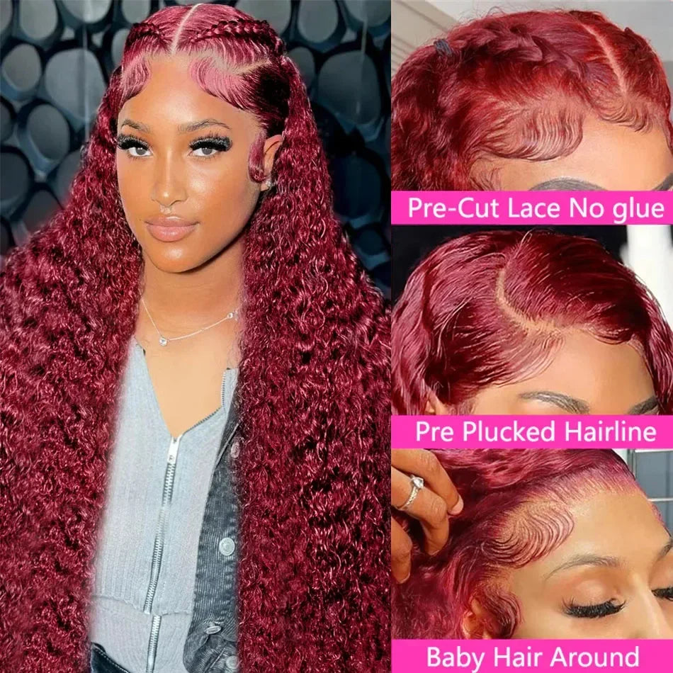 99J Burgundy Colored Curly Wig Transparent 13x6 Lace Frontal Human Hair Preplucked 13x4 HD Lace Frontal Deep Wave Wigs For Women