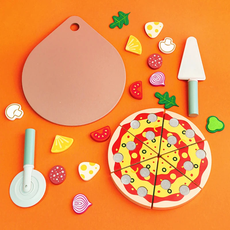 Kitchen Pretend Play Toys Wooden Simulation Food Accessories Pizza Salad Dessert Set Montessori Educational Toy for Toddler 3+
