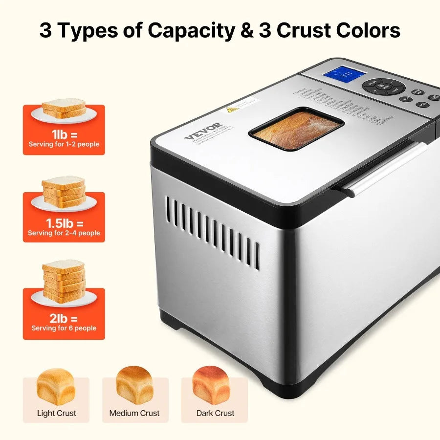 2LB 19in1 Bread Maker Automatic Compact Dough Machine Nonstick 3 Crust Colors
