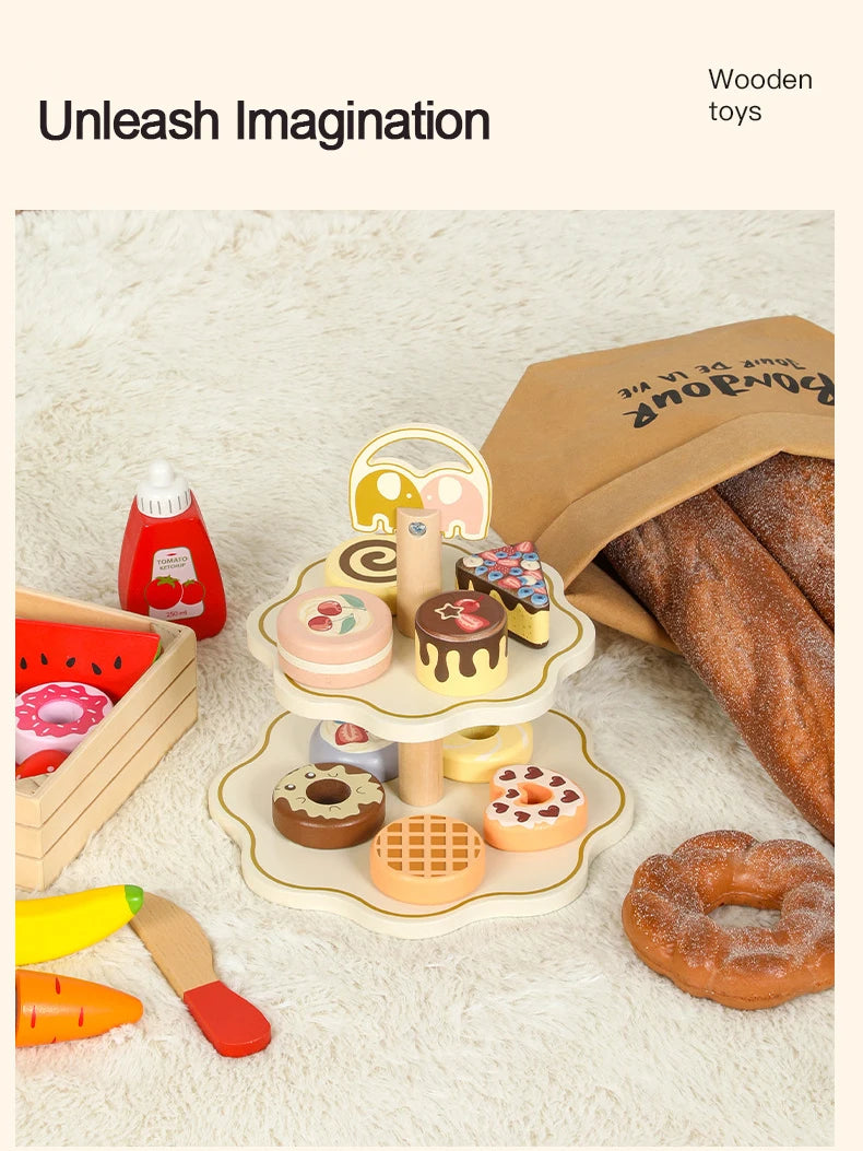 Kitchen Pretend Play Toys Wooden Simulation Food Accessories Pizza Salad Dessert Set Montessori Educational Toy for Toddler 3+
