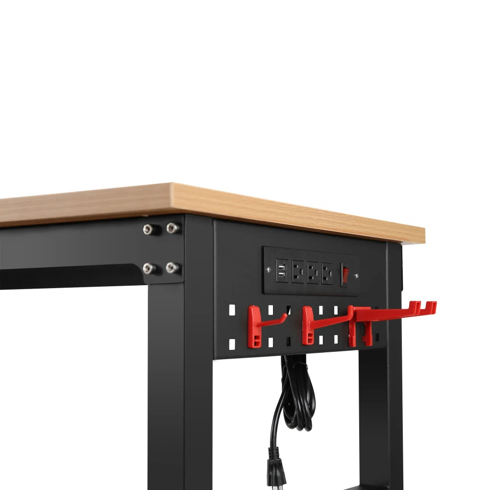 60" ×24'' Adjustable Workbench Rolling Heavy-Duty Worktable with Power Outlet and Wheels Large Load Capacity Rubber Wood Top
