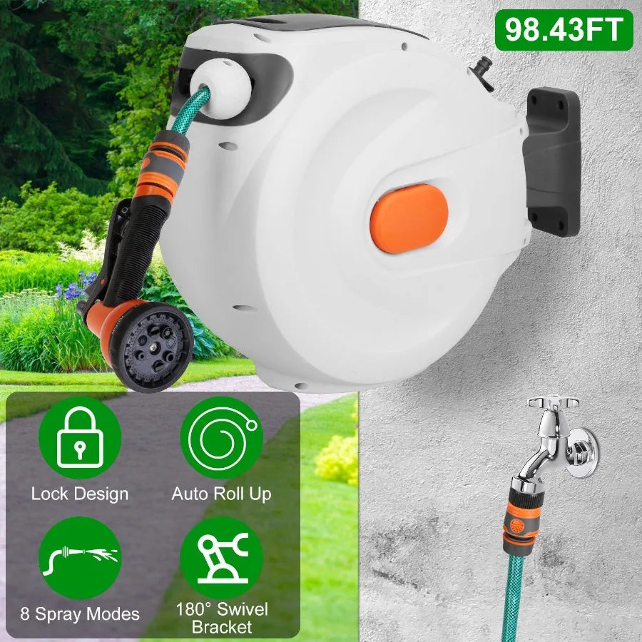 Retractable Garden Hose Reel Wall Mounted Automatic Water Hose Reel with Any Length Lock 8 Pattern Spraying Modes 180 Swivel Br