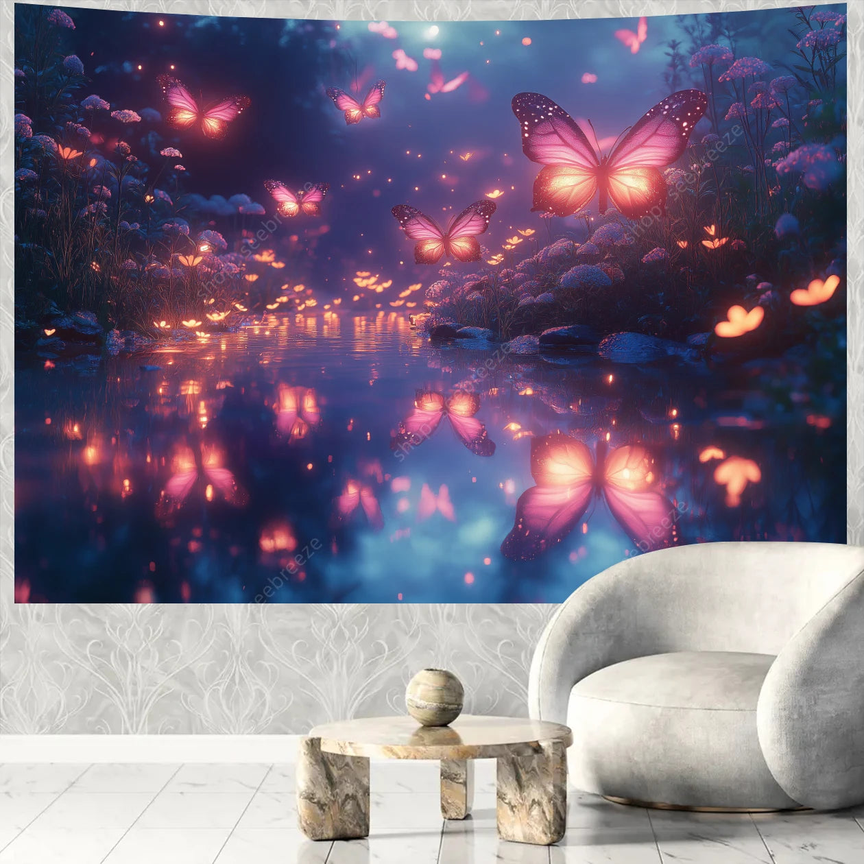 Butterfly Flower UV Reactive Tapestry Wall Hanging Hippie Boho Room Decor