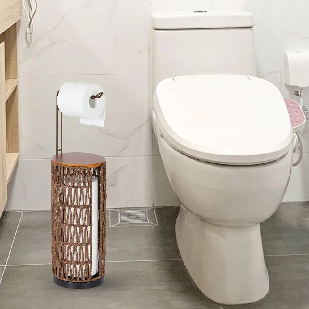 Freestanding Toilet Paper Holder with Storage,3 Rolls of Tissue Holder for Bathroom,Handmade WovenToilet Roll Holder Stand