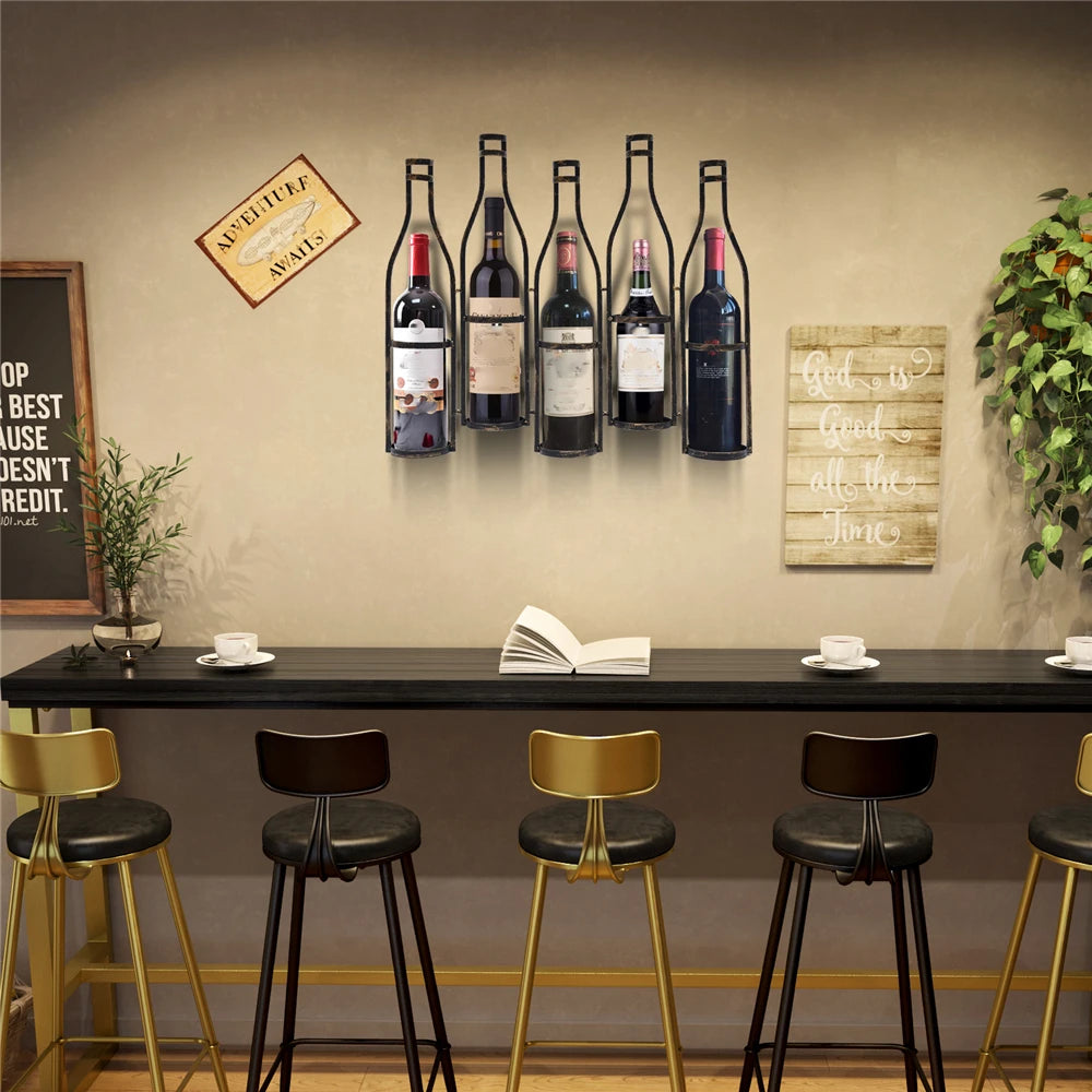 Bronze Vintage Five Bottle Wall-Mounted Wine Rack for Kitchen, Dining Room, Wine Cellar