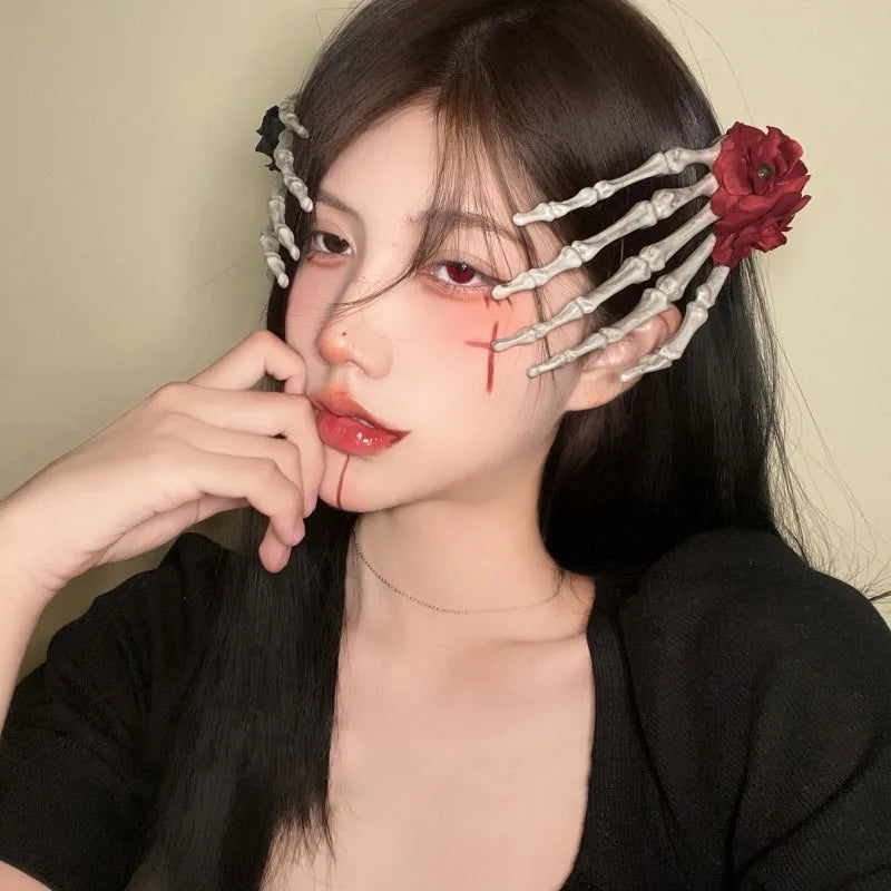 Dark Gothic Style Skeleton Hand Rose Hair Clip Headwear Hair Accessory Hairpin Hairstyle For Halloween Party Makeup Cosmetic