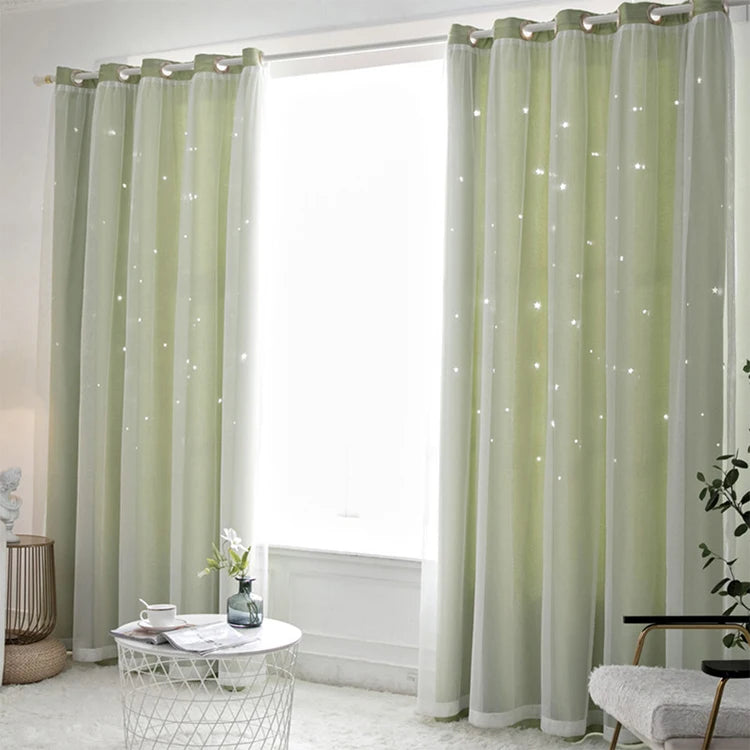 Double Layers Romantic Sheer Kids Children Girls Curtains With Hollow Out Stars For Living Room Bedroom Windows Drapes