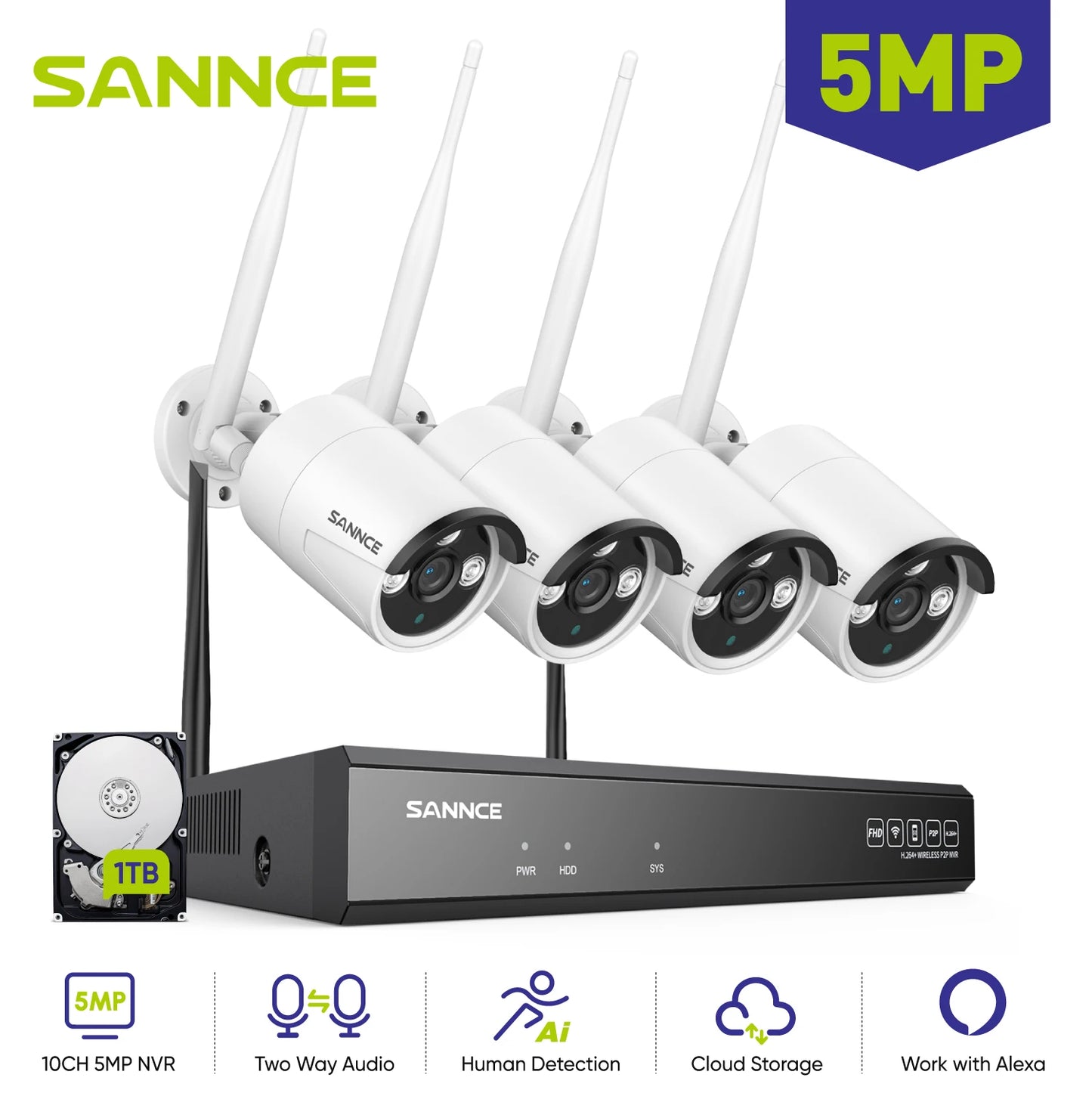 SANNCE 5MP WiFi CCTV Camera System 10CH NVR Two Way Audio Security Camera Video Surveillance Kit Outdoor Wireless IP Cameras