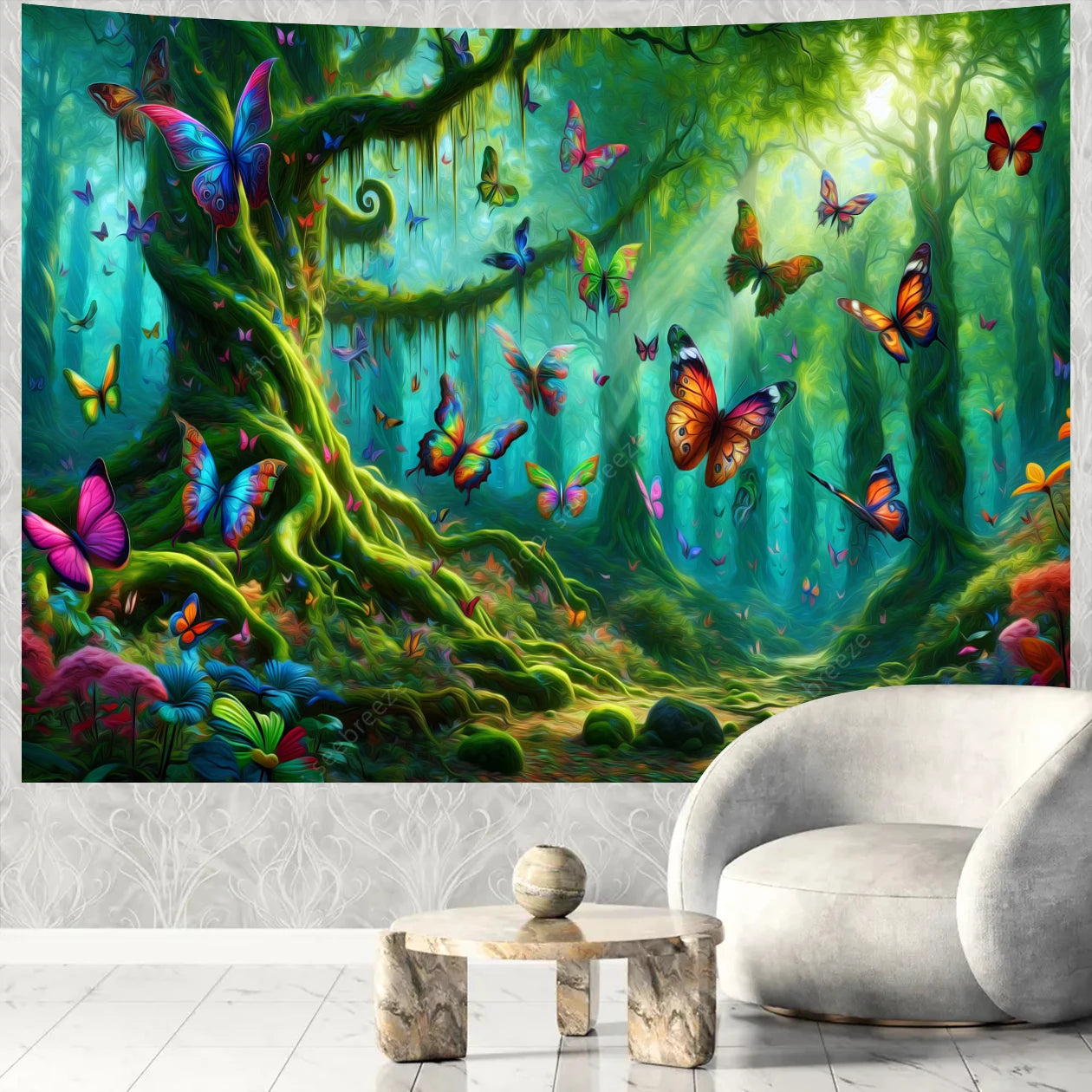 Butterfly Flower UV Reactive Tapestry Wall Hanging Hippie Boho Room Decor