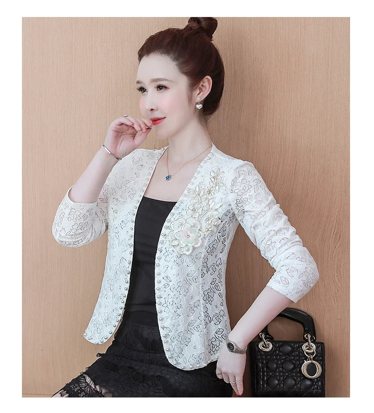 Short Lace Long Sleeve Embroidery Cardigan