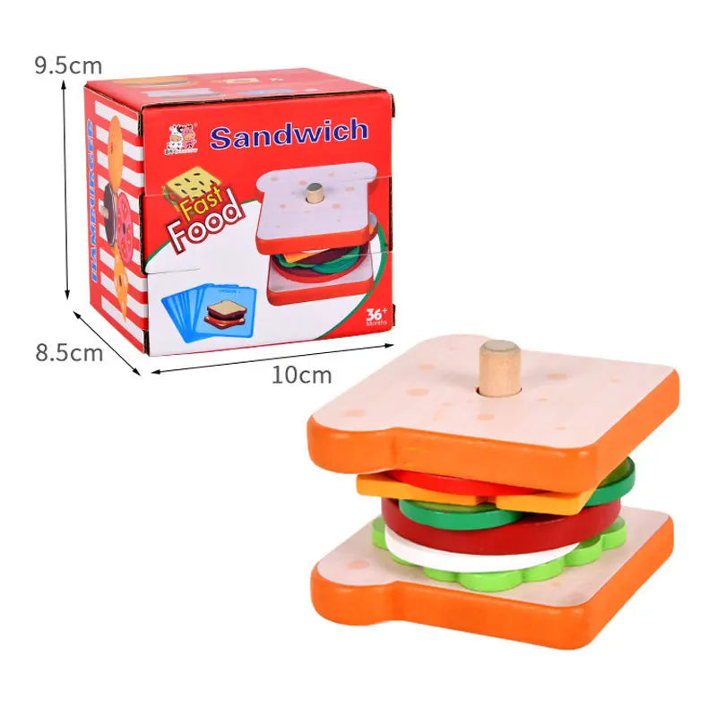 Montessori Wooden Burger Stacking Toys For Toddler Kids Preschool Learning Educational Toys Fine Motor Skill Kitchen Toys Gift